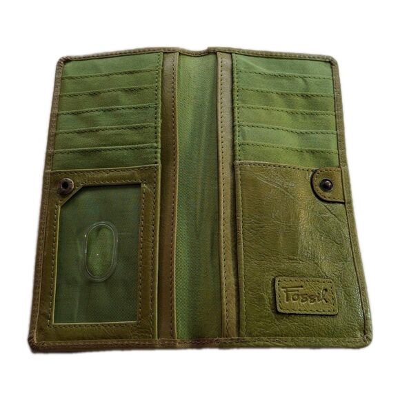 Vintage Fossil Green Leather Wallet Button/Zipper Closure Coin and Card Holder - Picture 4 of 7